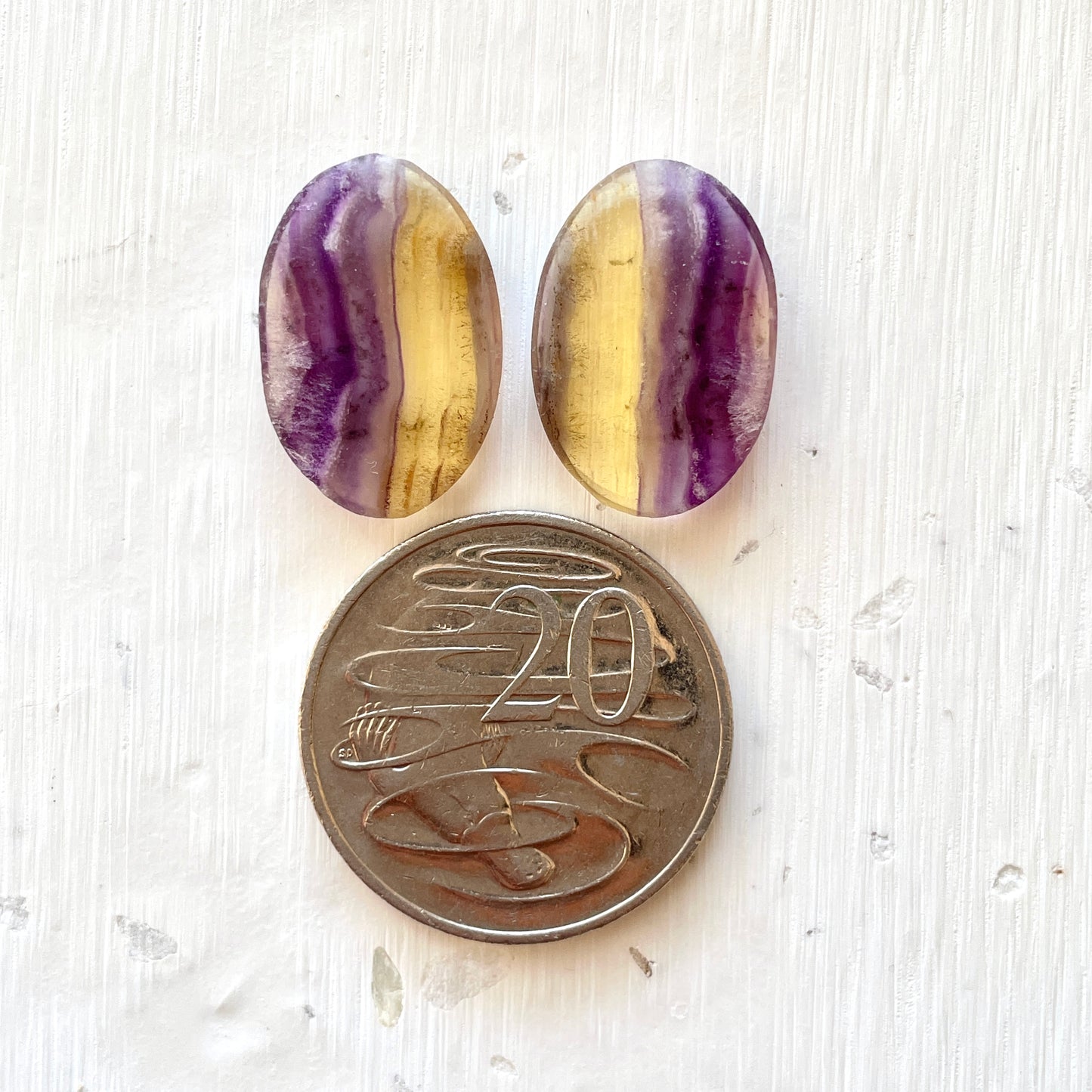 Bi-colour Purple & Yellow Fluorite Oval Cabochon Pair W2