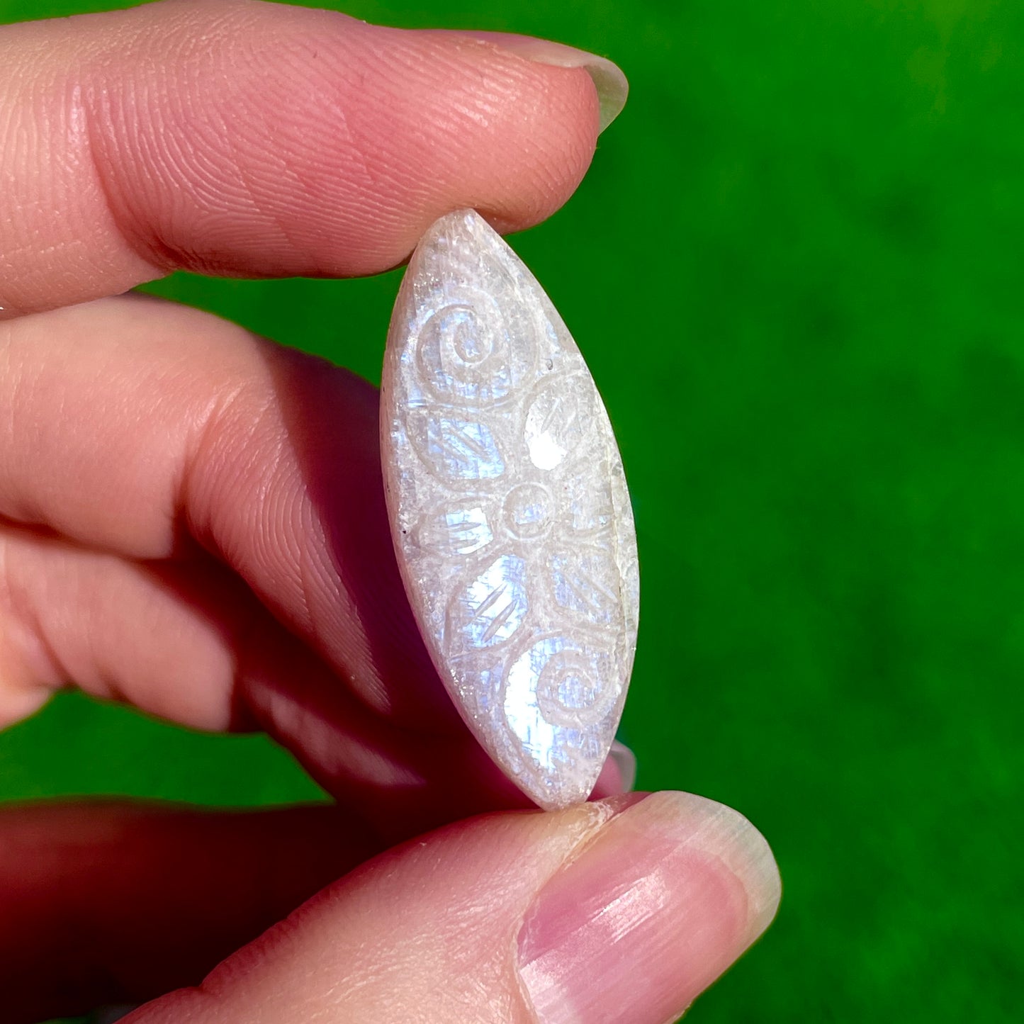 Belomorite Moonstone Flower Carved Marquise Cabochon - 33.5mm x 13mm - W5