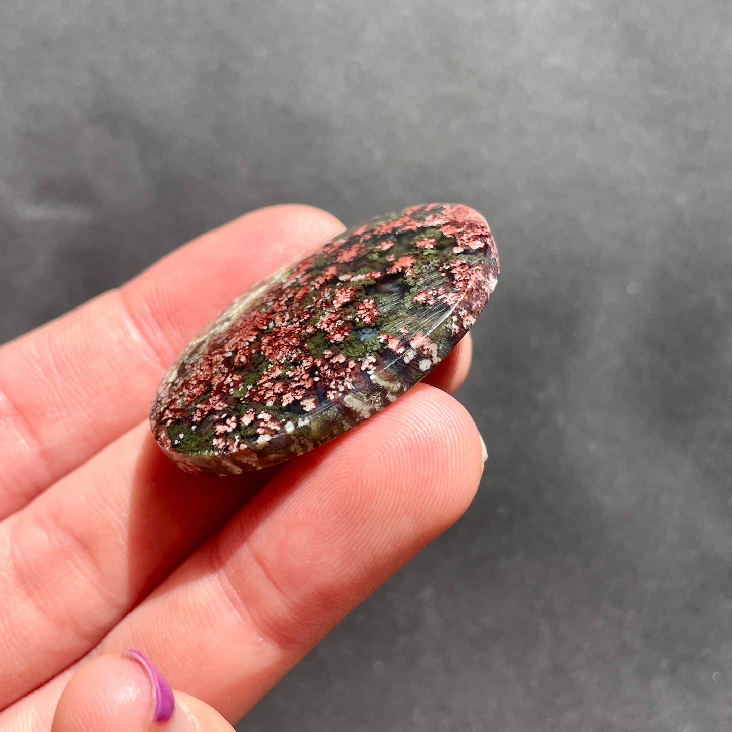 ‘Flower Portrait’ Red/Green Moss Agate Cabochon Smooth - 38x24.5mm (W2)