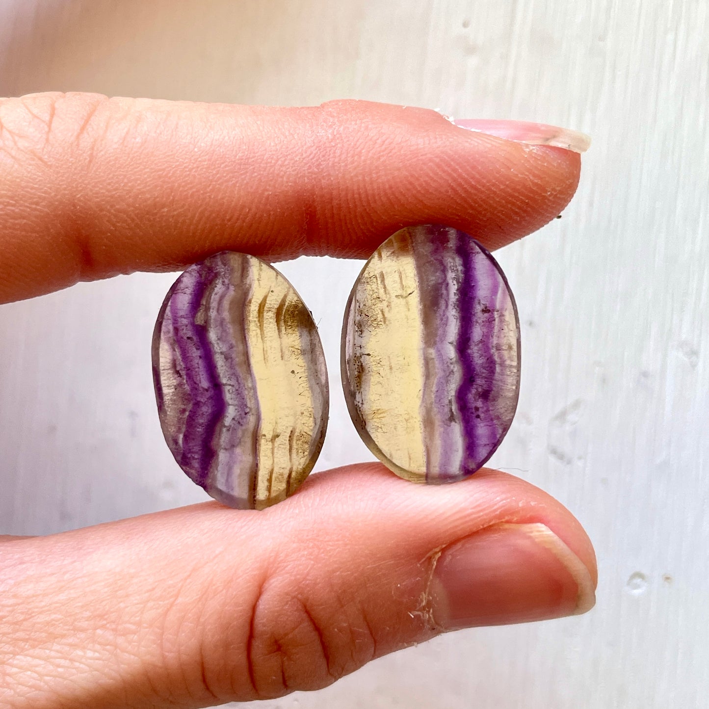 Bi-colour Purple & Yellow Fluorite Oval Cabochon Pair W2