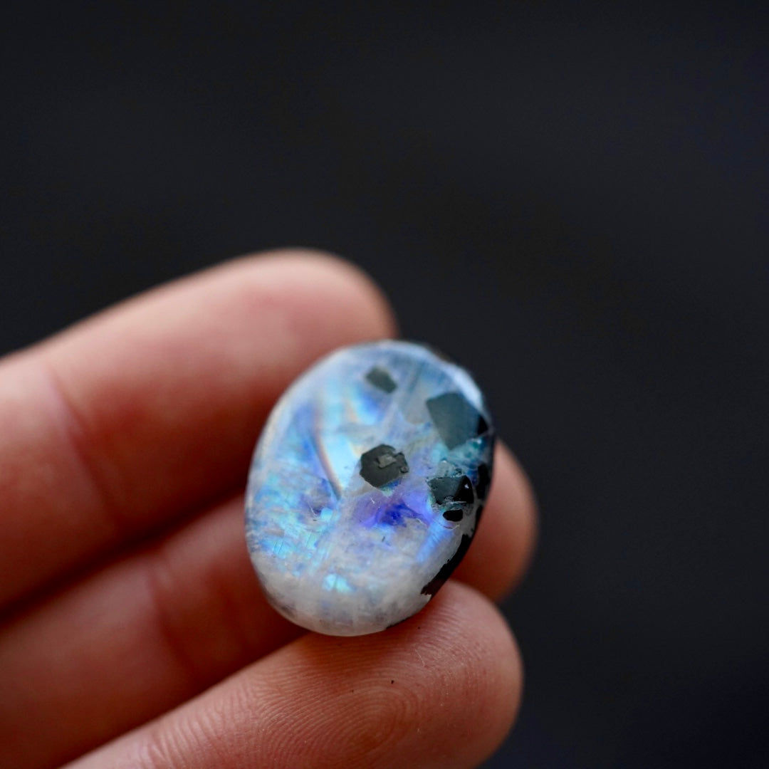 Rainbow Moonstone (Schorl Tourmaline inclusions) Oval Cabochon (C) W3