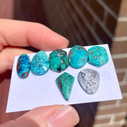 Shattuckite & Turquoise & Crazy Lace Agate Cabochons Rose cut - 7pcs (FULL LOT) [W11]