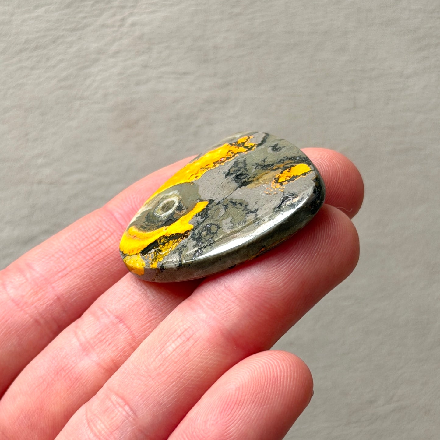 ‘Volcanic Eye’ Orbicular Bumblebee Jasper Teardrop Cabochon - 33mm x 34.5mm (W16)