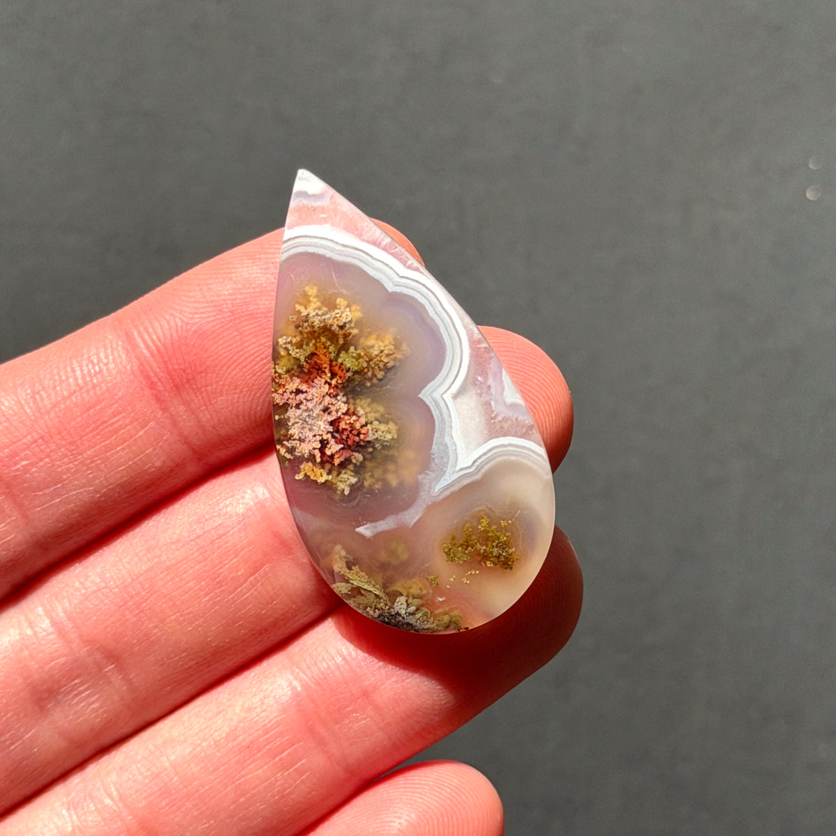 ‘Autumn at the Bend' Nebula Moss Agate Teardrop Cabochon - 40mm x 21.5mm (W17)