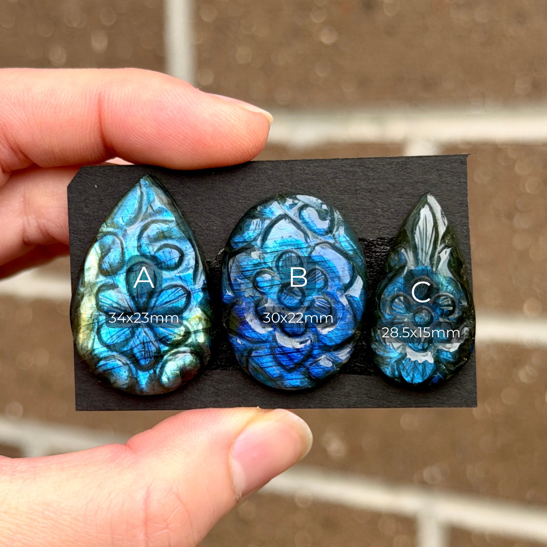 Blue Labradorite Flower Carved Cabochon - Choose your Stone (W7-EY)