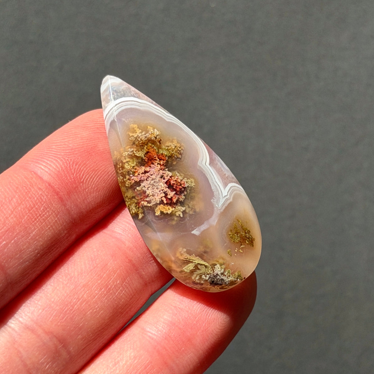 ‘Autumn at the Bend' Nebula Moss Agate Teardrop Cabochon - 40mm x 21.5mm (W17)