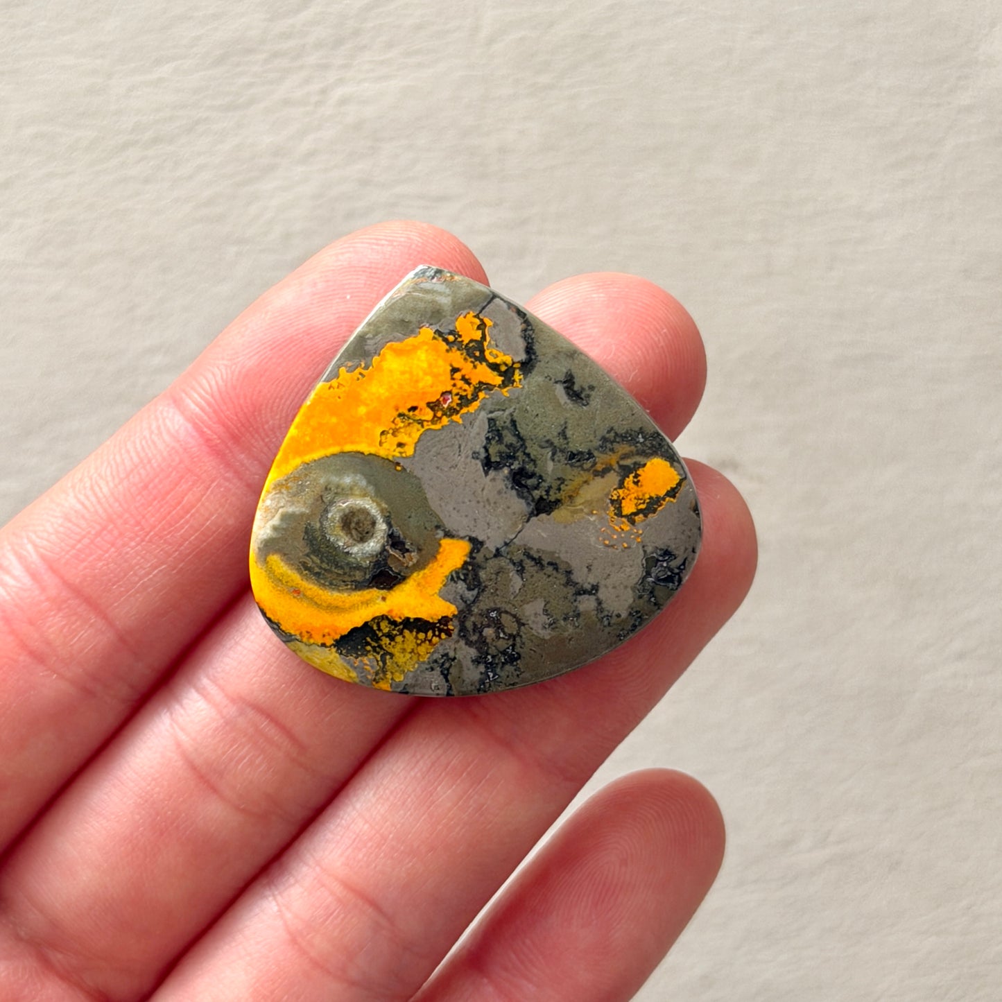 ‘Volcanic Eye’ Orbicular Bumblebee Jasper Teardrop Cabochon - 33mm x 34.5mm (W16)