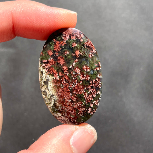 ‘Flower Portrait’ Red/Green Moss Agate Cabochon Smooth - 38x24.5mm (W2)