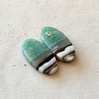 'Scenic' Green Calcite (with Dendrite inclusions) Cabochon Pair - 24.5mm x 12.5mm (W5)