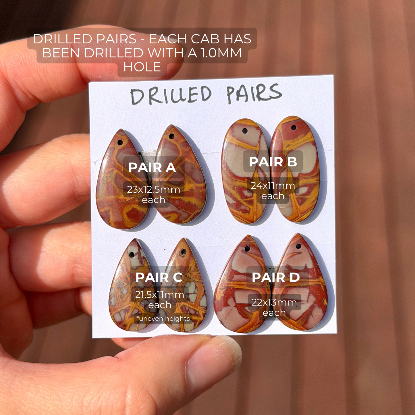 DRILLED Noreena Jasper (Australian) Cabochon Pairs - Choose your Pair (W9)