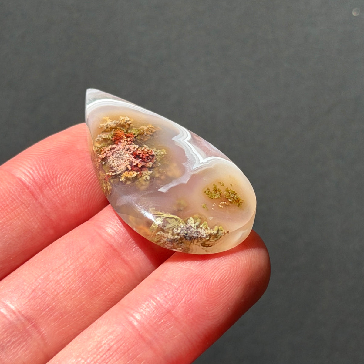 ‘Autumn at the Bend' Nebula Moss Agate Teardrop Cabochon - 40mm x 21.5mm (W17)