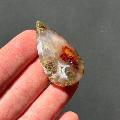 ‘Poppy in the Mist' Nebula Moss Agate Teardrop Cabochon - 40mm x 27mm (W17)