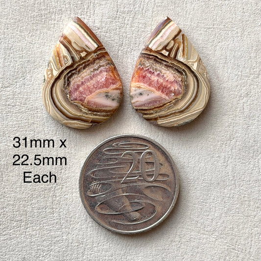 Boulder Rhodochrosite Cabochon Pair - 31mm x 22.5mm (W5)