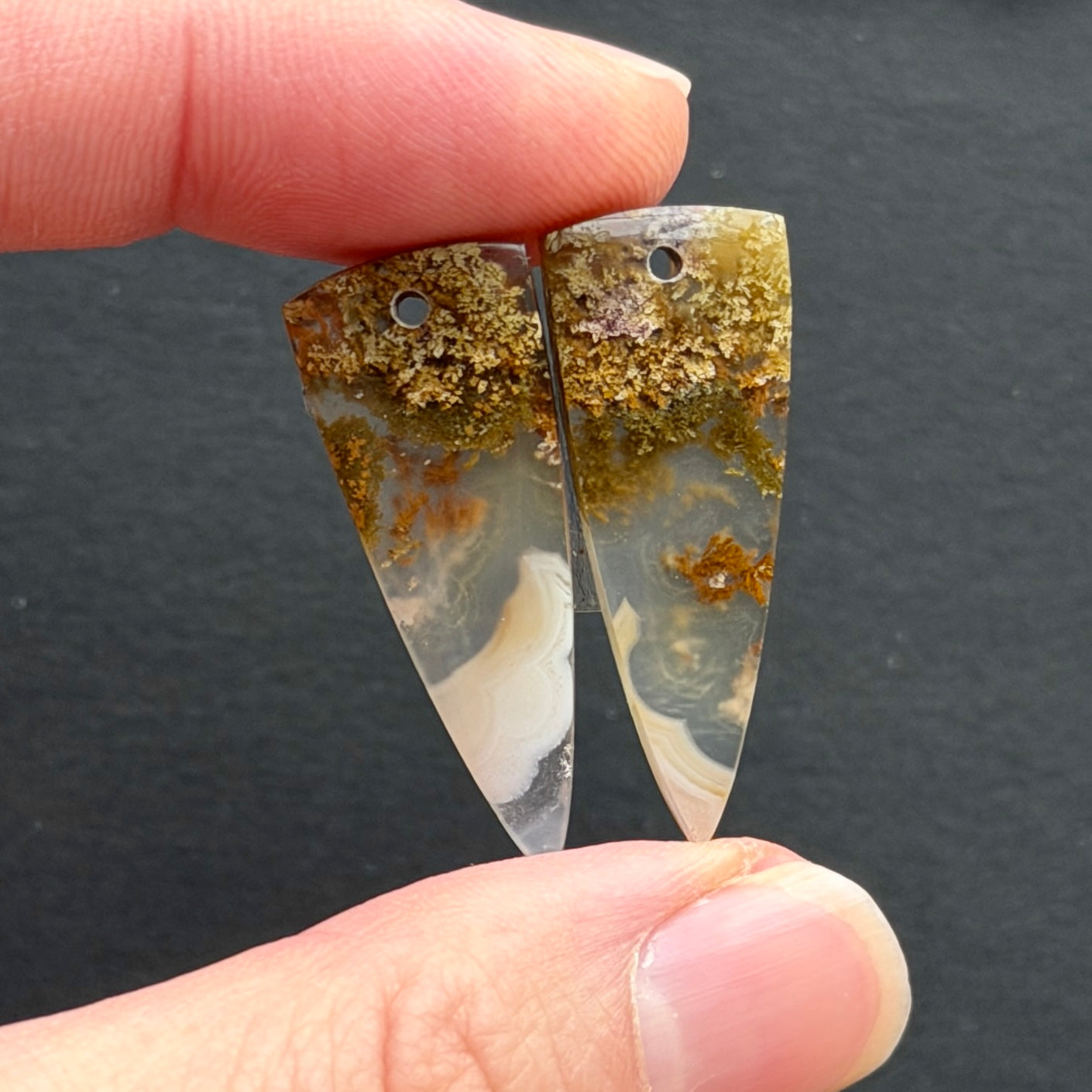 DRILLED Nebula (Ternate) Moss Agate Cabochon Pairs - Choose your Pair (W9)