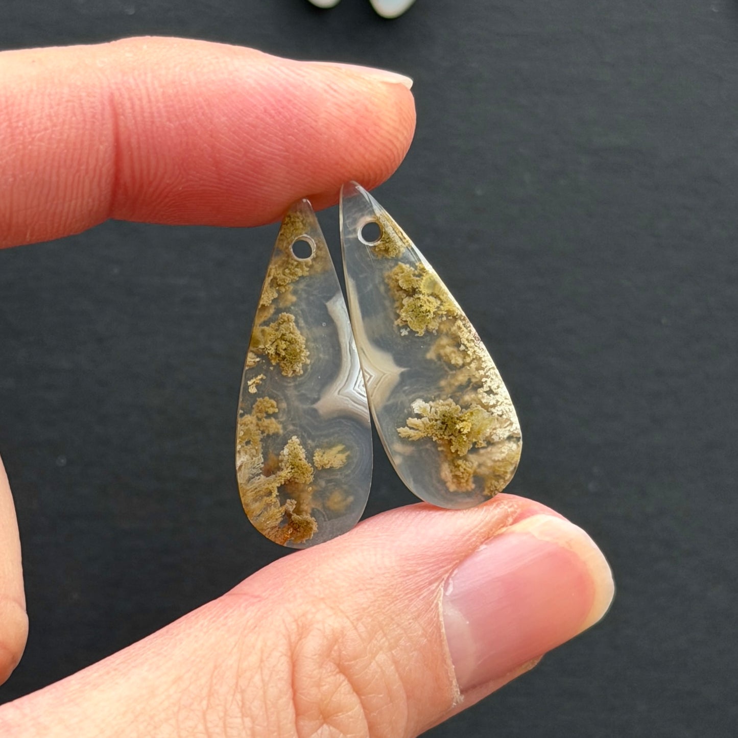 DRILLED Nebula (Ternate) Moss Agate Cabochon Pairs - Choose your Pair (W9)