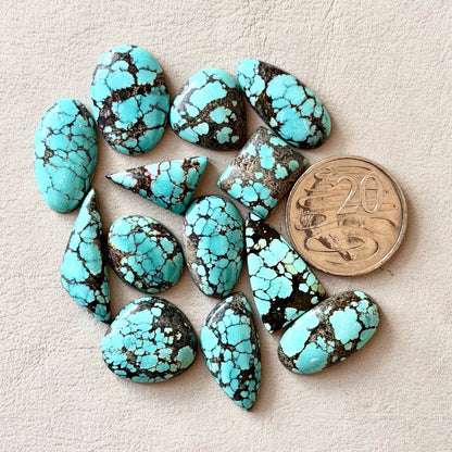Medium Blue (with Black Spiderweb Matrix) Hubei Turquoise Cabochon Smooth (Backed) - Choose your Stone (W12)