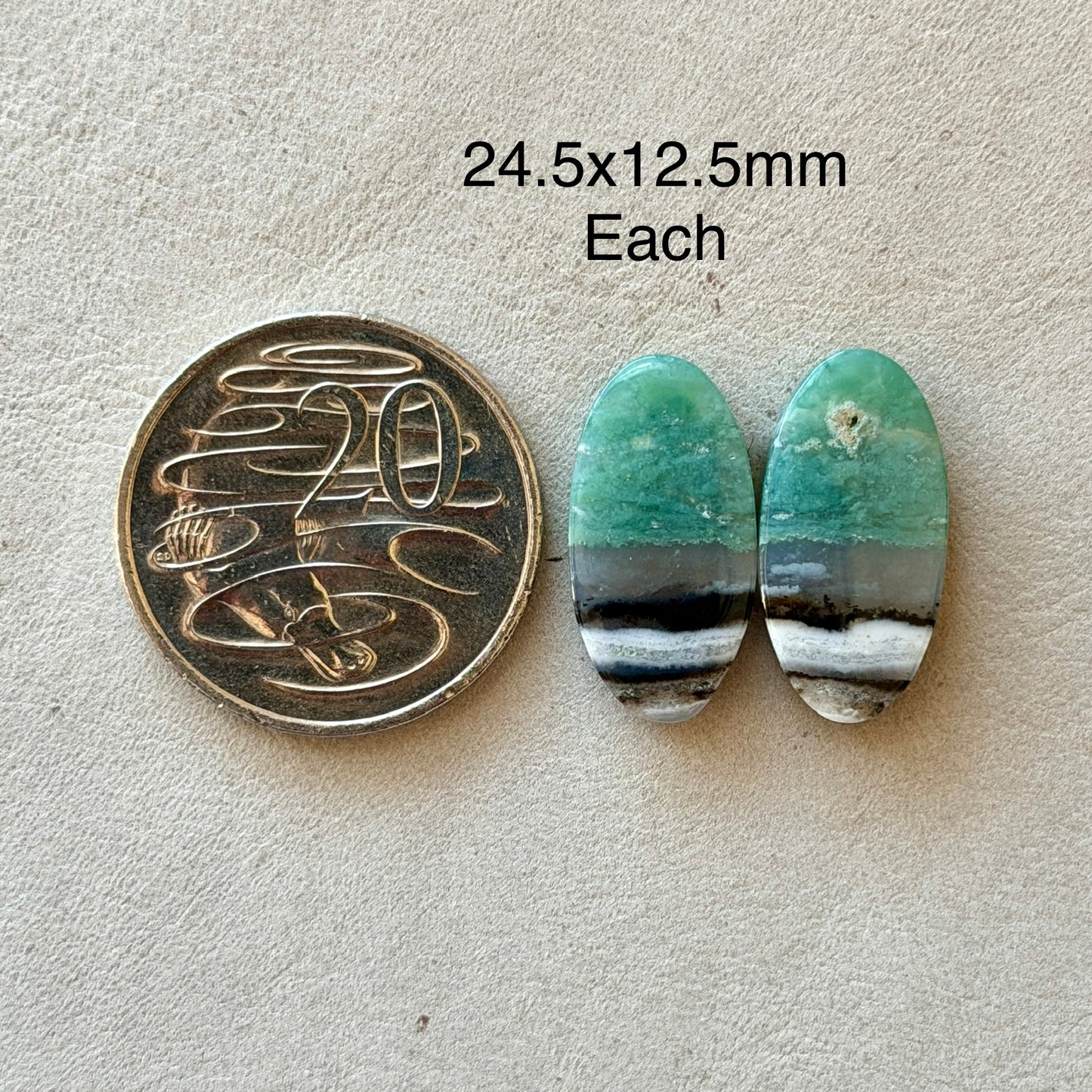 'Scenic' Green Calcite (with Dendrite inclusions) Cabochon Pair - 24.5mm x 12.5mm (W5)