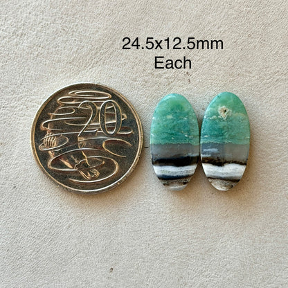 'Scenic' Green Calcite (with Dendrite inclusions) Cabochon Pair - 24.5mm x 12.5mm (W5)