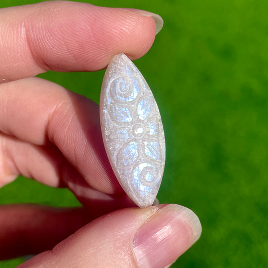 Belomorite Moonstone Flower Carved Marquise Cabochon - 33.5mm x 13mm - W5