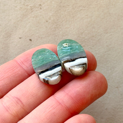'Scenic' Green Calcite (with Dendrite inclusions) Cabochon Pair - 24.5mm x 12.5mm (W5)