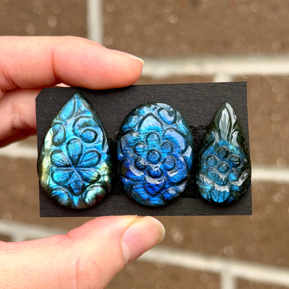Blue Labradorite Flower Carved Cabochon - Choose your Stone (W7-EY)