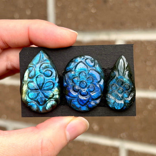 Blue Labradorite Flower Carved Cabochon - Choose your Stone (W7-EY)