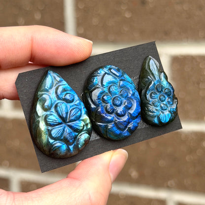 Blue Labradorite Flower Carved Cabochon - Choose your Stone (W7-EY)