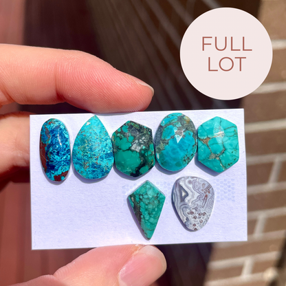 Shattuckite & Turquoise & Crazy Lace Agate Cabochons Rose cut - 7pcs (FULL LOT) [W11]
