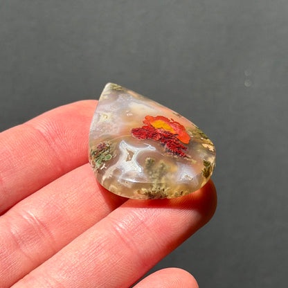 ‘Poppy in the Mist' Nebula Moss Agate Teardrop Cabochon - 40mm x 27mm (W17)
