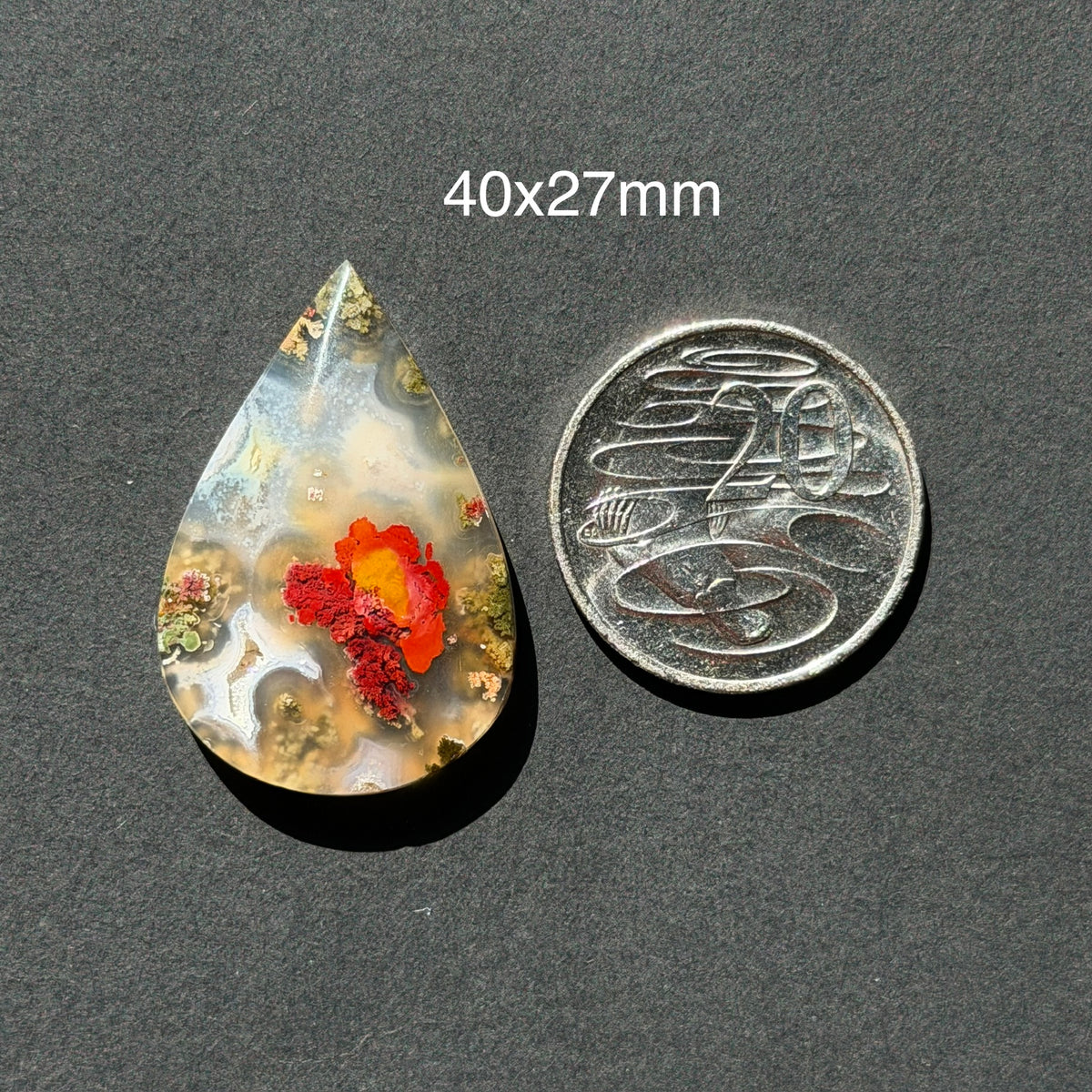 ‘Poppy in the Mist' Nebula Moss Agate Teardrop Cabochon - 40mm x 27mm (W17)
