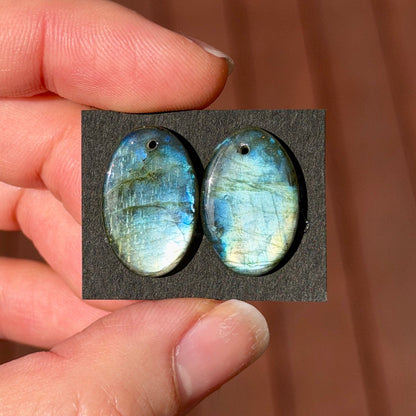 DRILLED Blue/Silver Labradorite Oval Cabochon Pair - 20 x 13.5mm (W9)