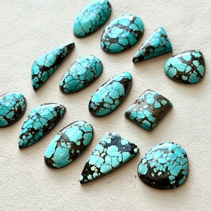 Medium Blue (with Black Spiderweb Matrix) Hubei Turquoise Cabochon Smooth (Backed) - Choose your Stone (W12)
