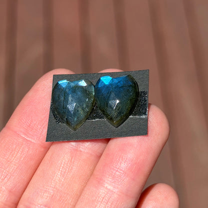 Labradorite Heart Cabochon Pair Rose cut - 14.5mm x 12mm - W12