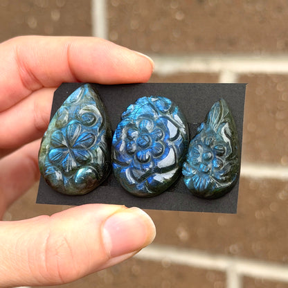 Blue Labradorite Flower Carved Cabochon - Choose your Stone (W7-EY)