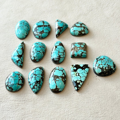 Medium Blue (with Black Spiderweb Matrix) Hubei Turquoise Cabochon Smooth (Backed) - Choose your Stone (W12)