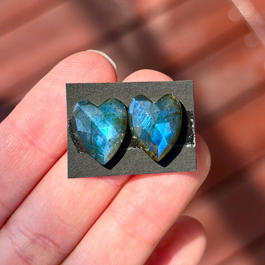 Labradorite Heart Cabochon Pair Rose cut - 14.5mm x 12mm - W12