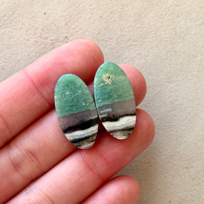 'Scenic' Green Calcite (with Dendrite inclusions) Cabochon Pair - 24.5mm x 12.5mm (W5)