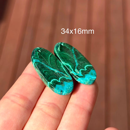 DRILLED Malachite Chrysocolla Cabochon Oval Pair - 34 x 16mm (W9)