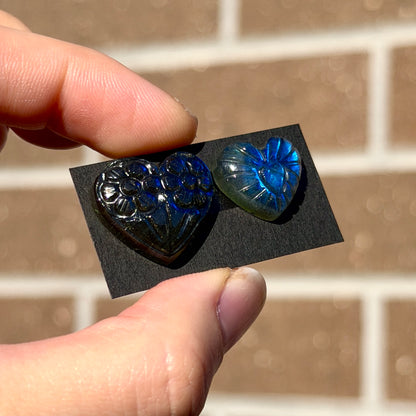Labradorite (Blue flash) Flower Carved Heart Cabochon - Choose your Stone (W12)
