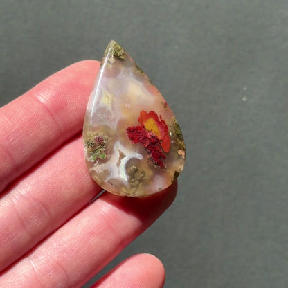 ‘Poppy in the Mist' Nebula Moss Agate Teardrop Cabochon - 40mm x 27mm (W17)