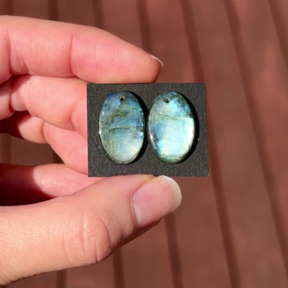 DRILLED Blue/Silver Labradorite Oval Cabochon Pair - 20 x 13.5mm (W9)
