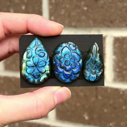 Blue Labradorite Flower Carved Cabochon - Choose your Stone (W7-EY)