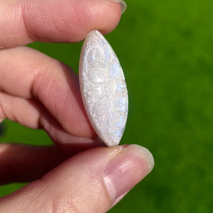 Belomorite Moonstone Flower Carved Marquise Cabochon - 33.5mm x 13mm - W5